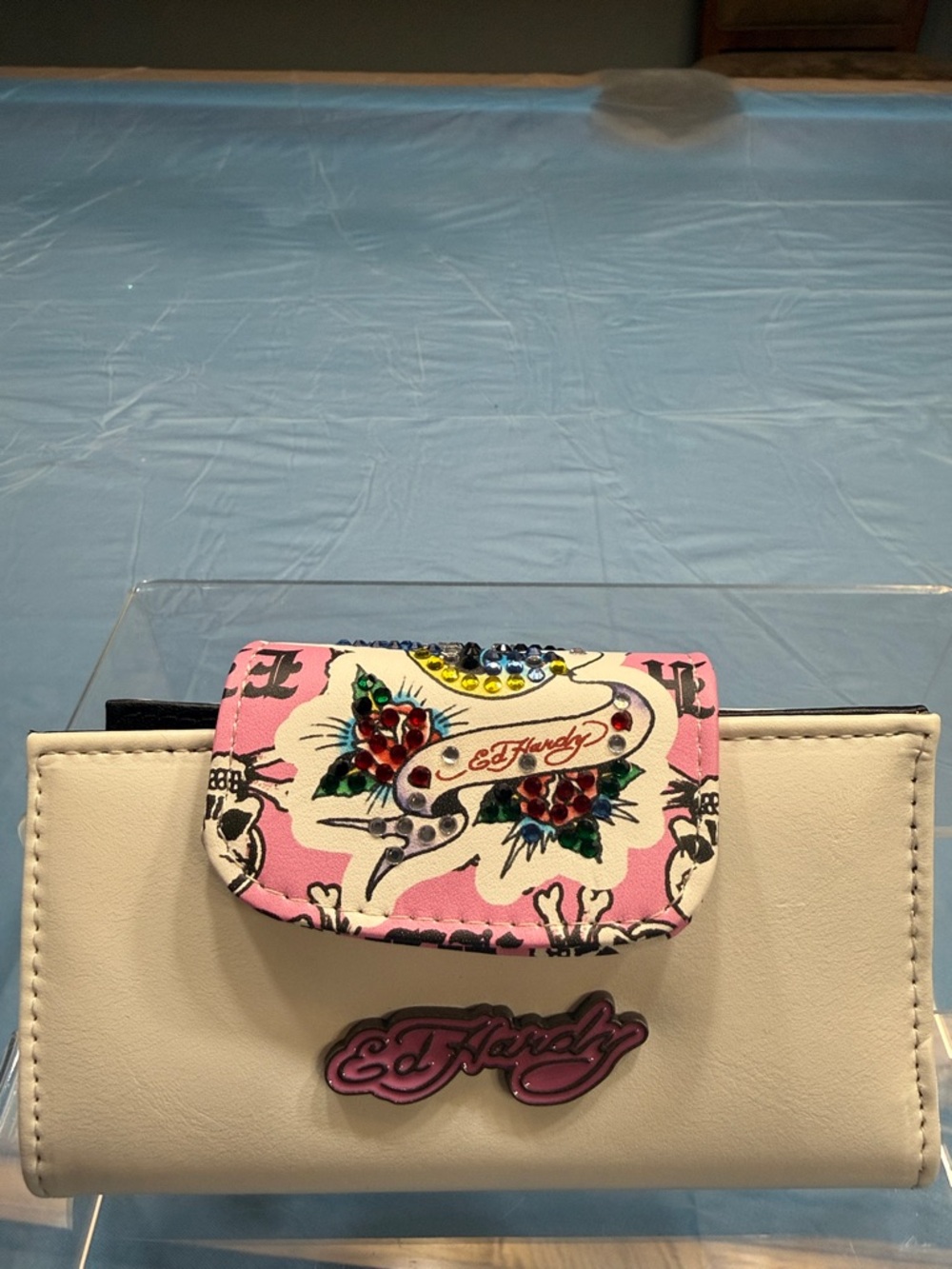Ed Hardy Pink & Cream Floral Tattoo-Print Wallet with Gem Accents